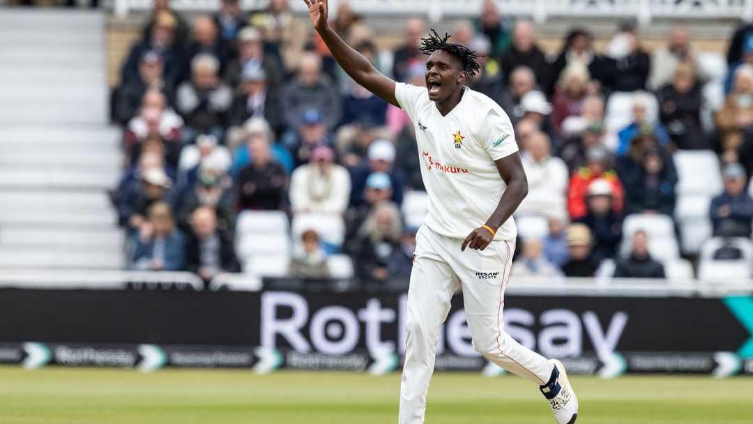 Richard Ngarava bowling for Zimbabwe during the Bangladesh vs Zimbabwe Test match in 2026