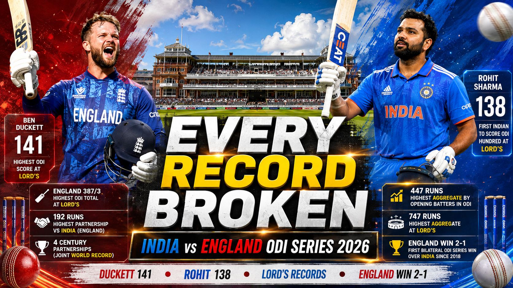 Every record broken during the India vs England ODI Series 2026 featuring Ben Duckett and Rohit Sharma after their record-breaking centuries at Lord's.