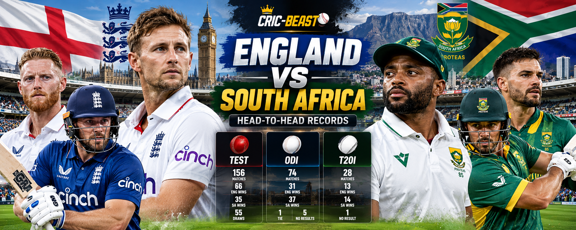 England vs South Africa Head to Head: Test, ODI and T20I Records - Cric-Beast England vs South Africa cricket team comparison – head-to-head records